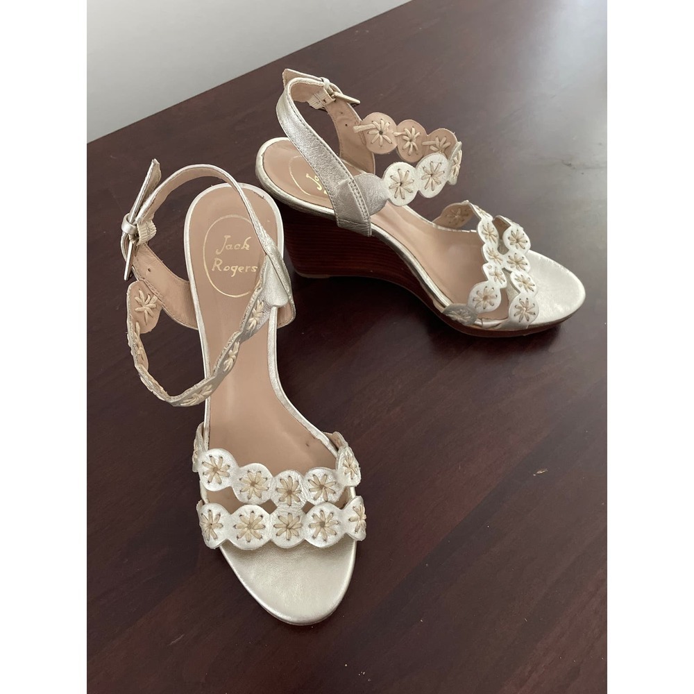 Jack Rogers Embroidered Platinum Leather Wedge Heels - W US7